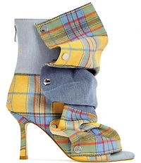 Azalea Wang Birdsong Plaid and Denim Slouched Snap Shaft Peep Toe Booties