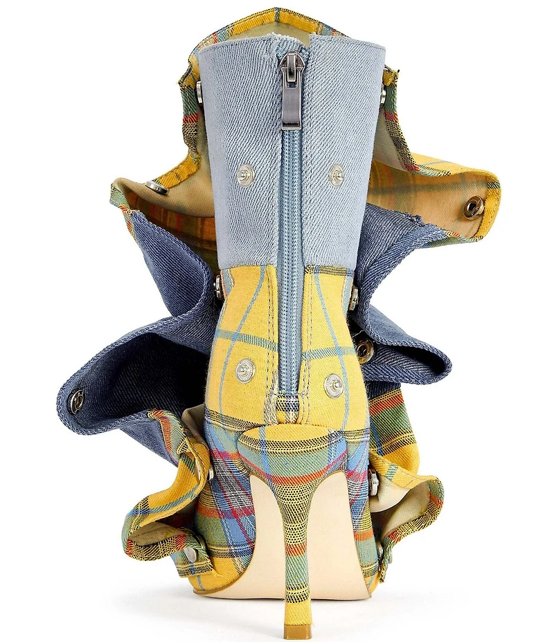 Azalea Wang Birdsong Plaid and Denim Slouched Snap Shaft Peep Toe Booties