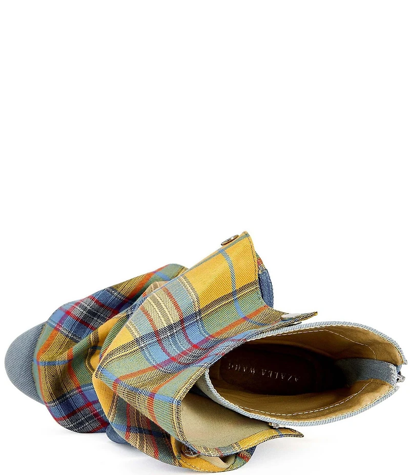 Azalea Wang Birdsong Plaid and Denim Slouched Snap Shaft Peep Toe Booties