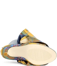 Azalea Wang Birdsong Plaid and Denim Slouched Snap Shaft Peep Toe Booties