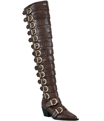 Azalea Wang Braulia Croco Print Multi Belted Hardware Over-the-Knee Western Boots