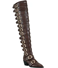 Azalea Wang Braulia Croco Print Multi Belted Hardware Over-the-Knee Western Boots