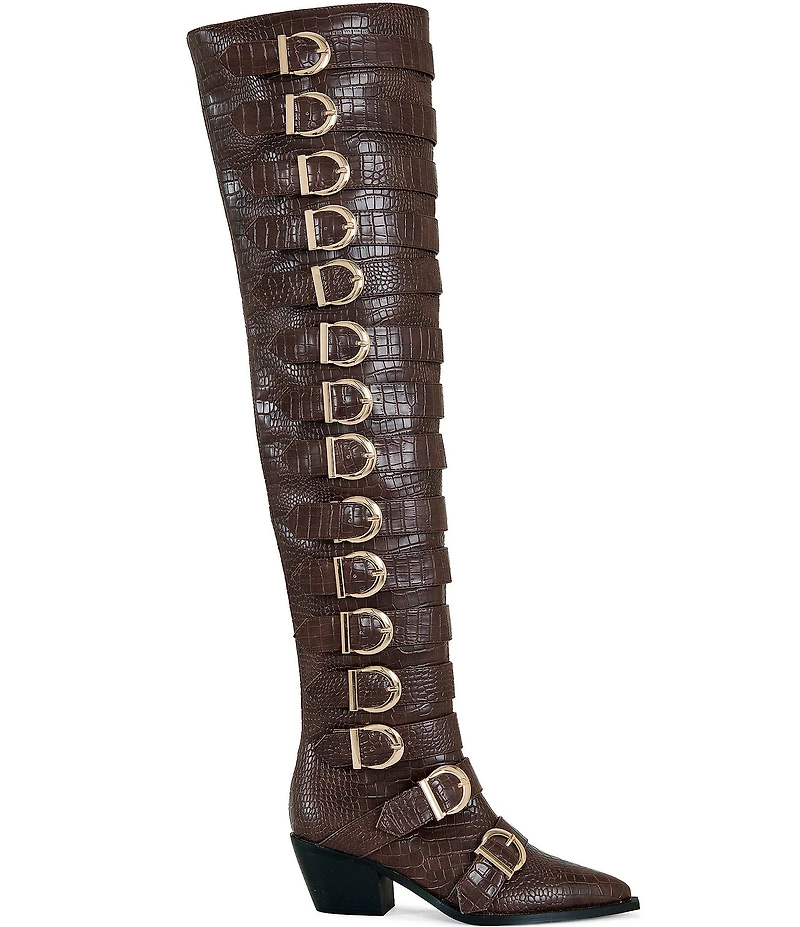 Azalea Wang Braulia Croco Print Multi Belted Hardware Over-the-Knee Western Boots