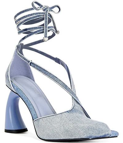 Azalea Wang Buiky Denim Square Split Toe Ankle Tie Sandals