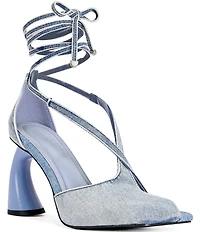 Azalea Wang Buiky Denim Square Split Toe Ankle Tie Sandals