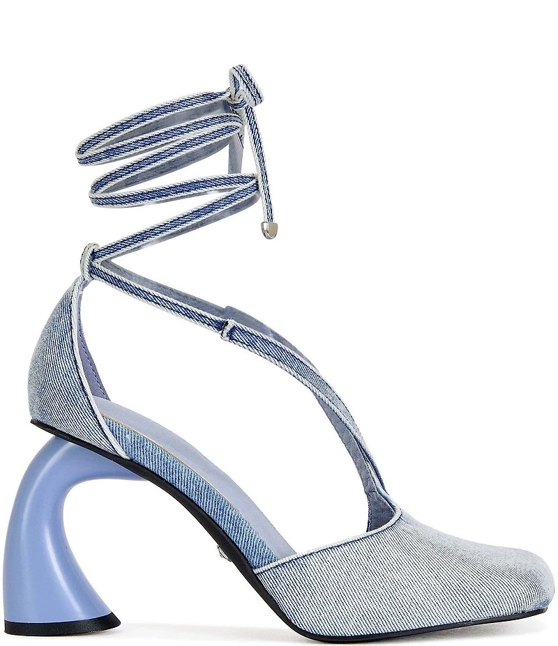 Azalea Wang Buiky Denim Square Split Toe Ankle Tie Sandals