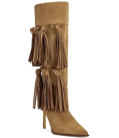 Azalea Wang Cabrera Suede Tassel Fringe Pointed Toe Tall Boots