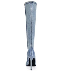 Azalea Wang Calana Denim Pointed Toe Stiletto Tall Boots