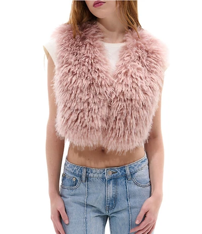 Azalea Wang Camille-Pink Faux Fur Open Front Crop Vest