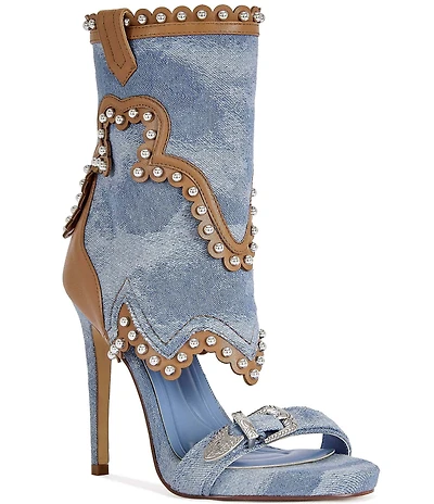Azalea Wang Caprizia Denim Western Shaft Sandal Booties