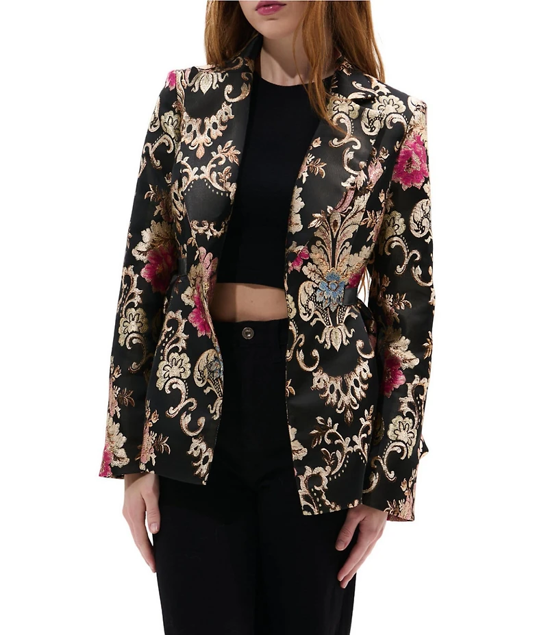 Azalea Wang Casha Baroque Pattern Metallic Notch Collar Belted Blazer