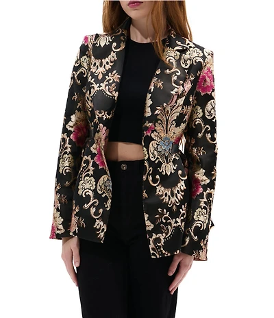 Azalea Wang Casha Baroque Pattern Metallic Notch Collar Belted Blazer