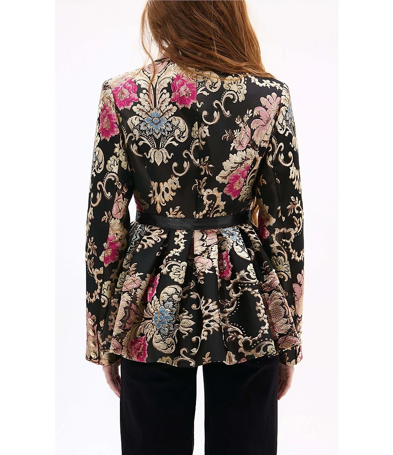 Azalea Wang Casha Baroque Pattern Metallic Notch Collar Belted Blazer