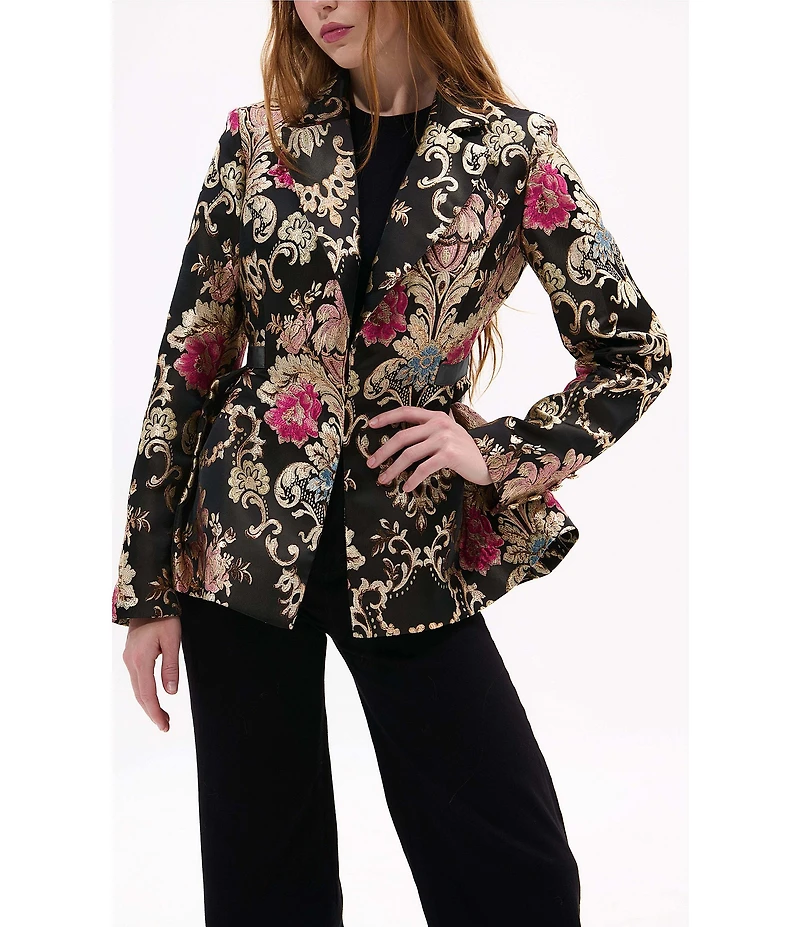 Azalea Wang Casha Baroque Pattern Metallic Notch Collar Belted Blazer