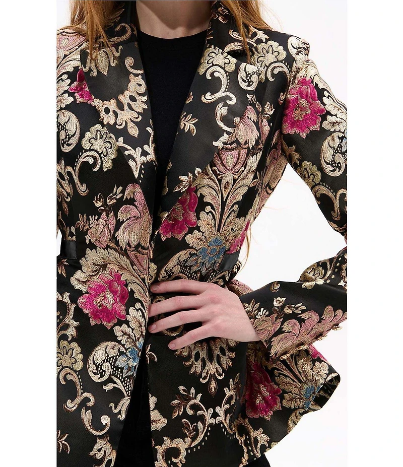 Azalea Wang Casha Baroque Pattern Metallic Notch Collar Belted Blazer