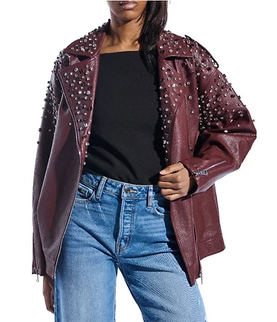 Azalea Wang Catrine Burgundy Faux Leather Rhinestone Accent Notch Collar Zip Front Moto Jacket