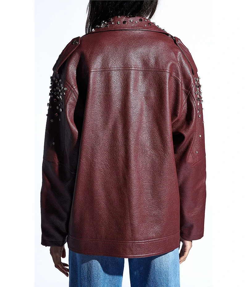 Azalea Wang Catrine Burgundy Faux Leather Rhinestone Accent Notch Collar Zip Front Moto Jacket