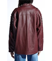 Azalea Wang Catrine Burgundy Faux Leather Rhinestone Accent Notch Collar Zip Front Moto Jacket