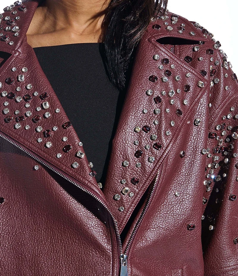 Azalea Wang Catrine Burgundy Faux Leather Rhinestone Accent Notch Collar Zip Front Moto Jacket
