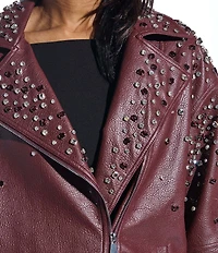 Azalea Wang Catrine Burgundy Faux Leather Rhinestone Accent Notch Collar Zip Front Moto Jacket