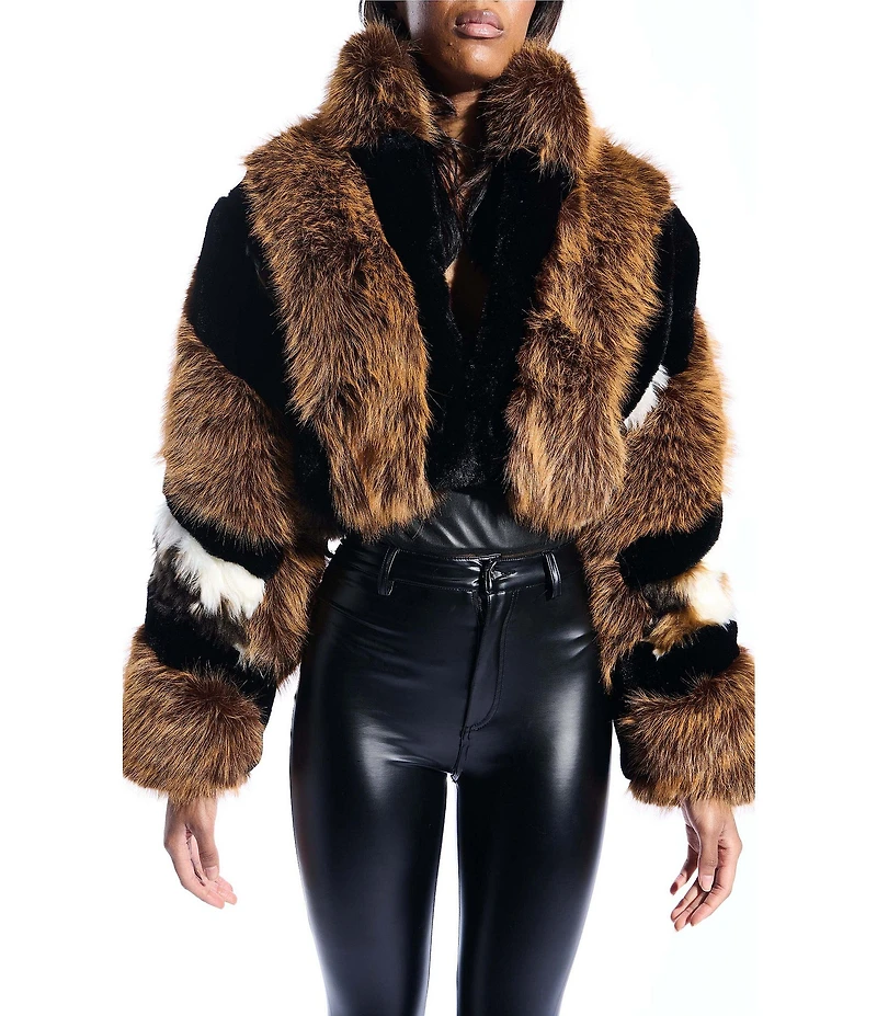 Azalea Wang Chiara Faux Fur Animal Stripe Stand Collar Cropped Jacket