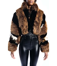 Azalea Wang Chiara Faux Fur Animal Stripe Stand Collar Cropped Jacket