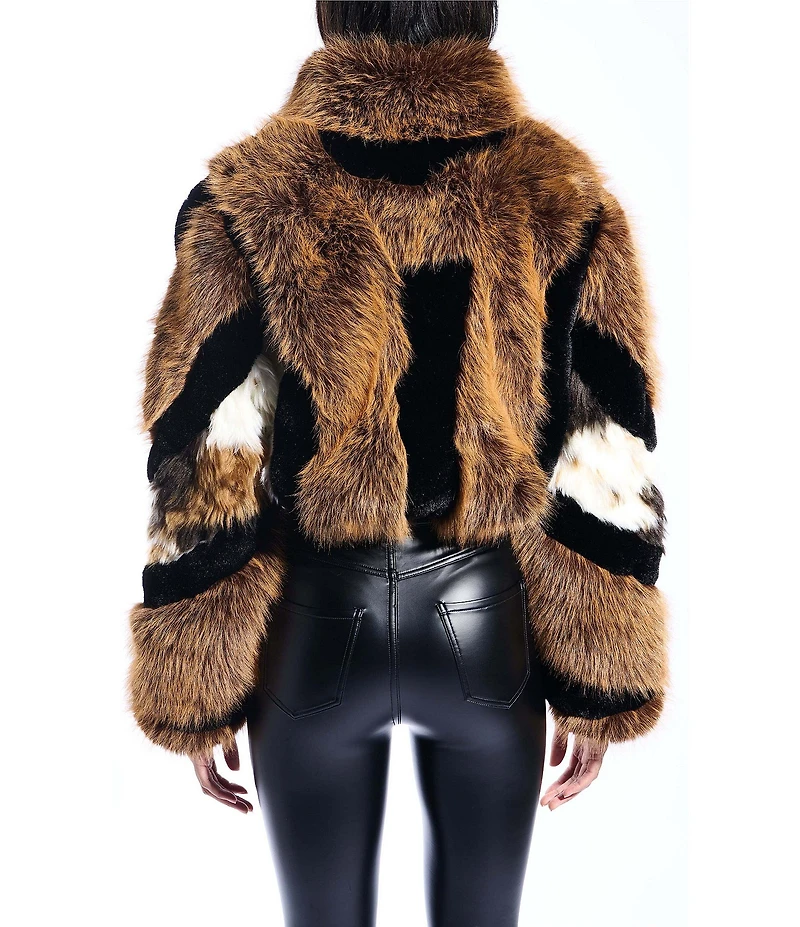 Azalea Wang Chiara Faux Fur Animal Stripe Stand Collar Cropped Jacket