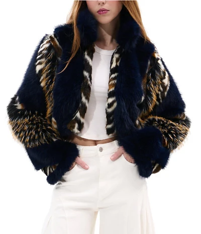 Azalea Wang Chiara Faux Fur Animal Stripe Stand Collar Cropped Jacket
