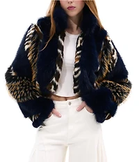 Azalea Wang Chiara Faux Fur Animal Stripe Stand Collar Cropped Jacket