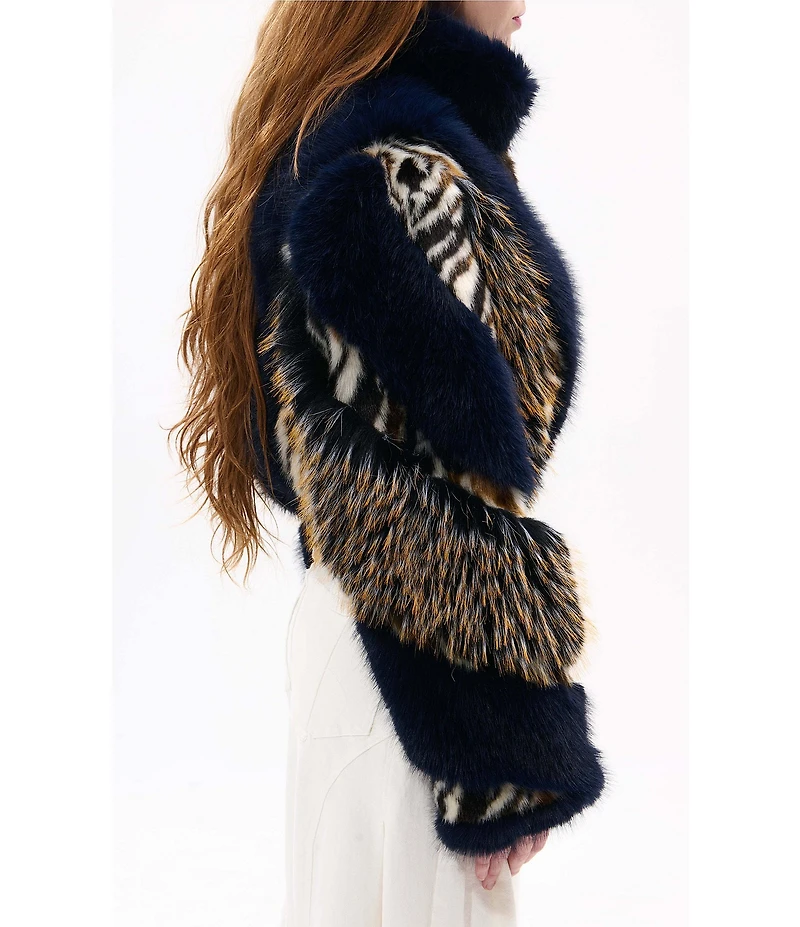 Azalea Wang Chiara Faux Fur Animal Stripe Stand Collar Cropped Jacket