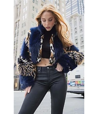 Azalea Wang Chiara Faux Fur Animal Stripe Stand Collar Cropped Jacket