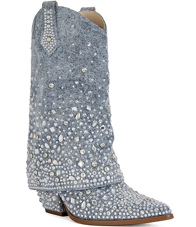 Azalea Wang Christos Denim Rhinestone Western Boots