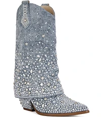 Azalea Wang Christos Denim Rhinestone Western Boots