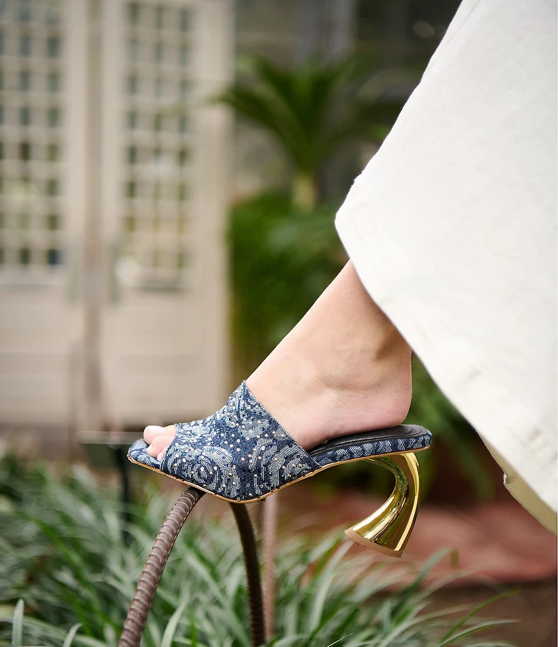 Azalea Wang Chryssa Denim Floral Rhinestone Dress Sandals