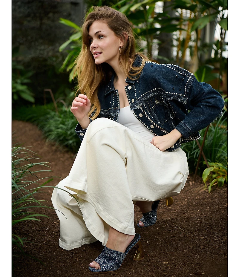 Azalea Wang Chryssa Denim Floral Rhinestone Dress Sandals