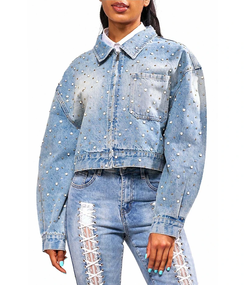 Azalea Wang Clarina-Denim Point Collar Pearl Detail Zip Front Bomber Jacket