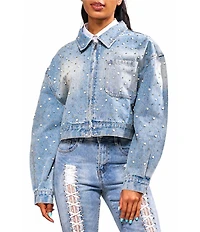 Azalea Wang Clarina-Denim Point Collar Pearl Detail Zip Front Bomber Jacket