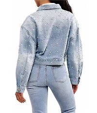 Azalea Wang Clarina-Denim Point Collar Pearl Detail Zip Front Bomber Jacket