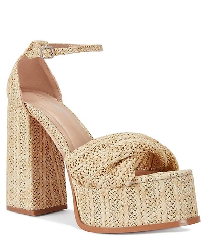 Azalea Wang Clary Raffia Ankle Strap Platform Block Heel Sandals