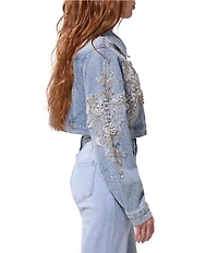 Azalea Wang Colette Pearl Applique Point Collar Cropped Denim Jacket