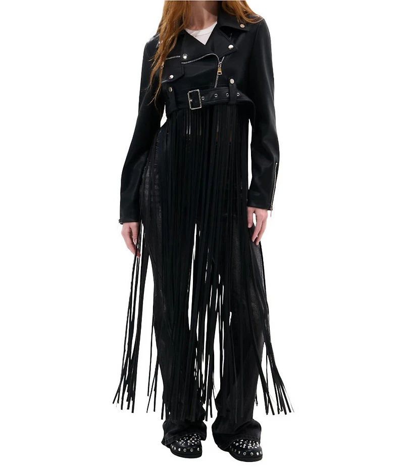 Azalea Wang Coop-Black Faux Leather Notch Collar Fringe Cropped Moto Jacket