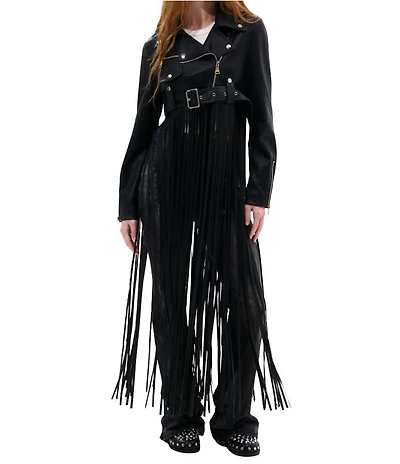 Azalea Wang Coop-Black Faux Leather Notch Collar Fringe Cropped Moto Jacket