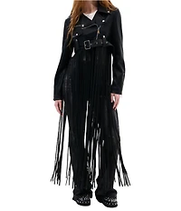 Azalea Wang Coop-Black Faux Leather Notch Collar Fringe Cropped Moto Jacket