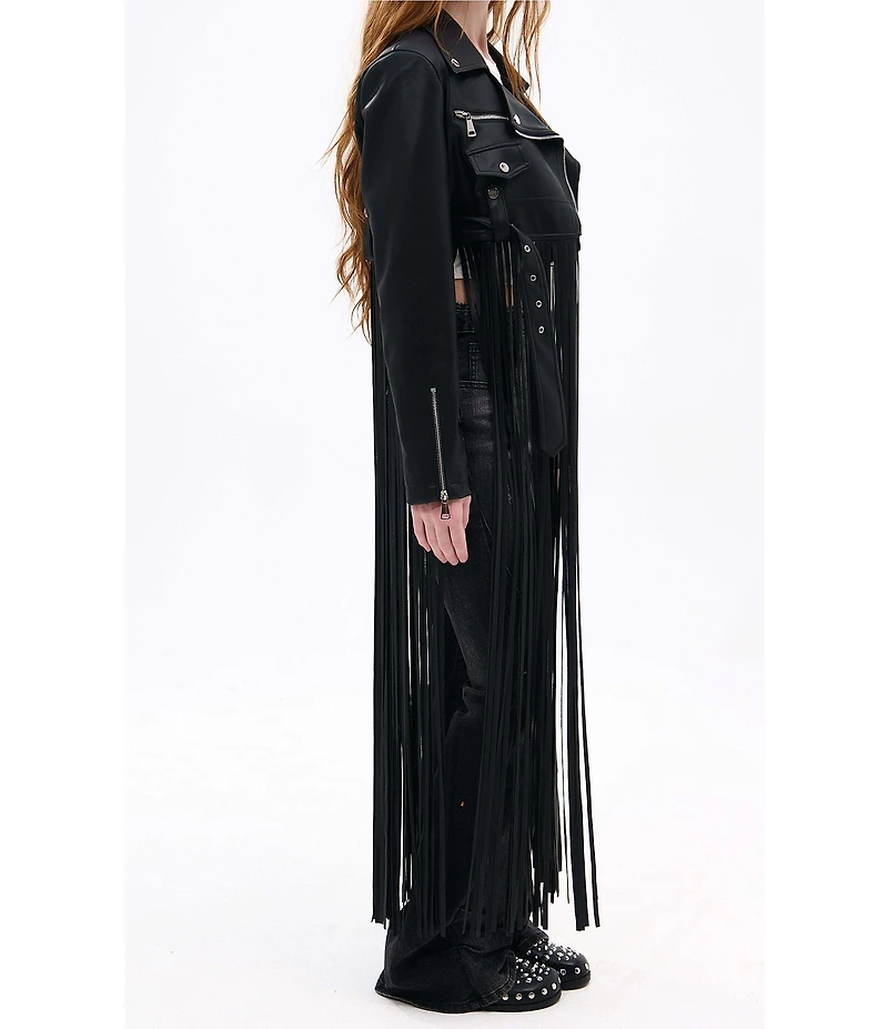 Azalea Wang Coop-Black Faux Leather Notch Collar Fringe Cropped Moto Jacket