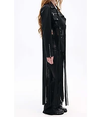 Azalea Wang Coop-Black Faux Leather Notch Collar Fringe Cropped Moto Jacket