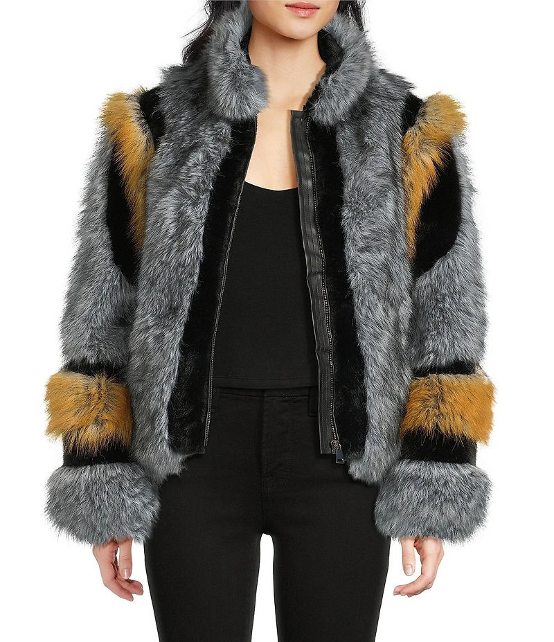 Azalea Wang Cora Grey Multi Faux Fur Stand Collar Zip Front Coat
