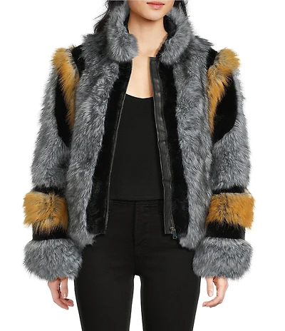 Azalea Wang Cora Grey Multi Faux Fur Stand Collar Zip Front Coat