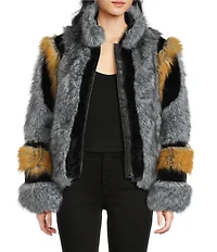 Azalea Wang Cora Grey Multi Faux Fur Stand Collar Zip Front Coat