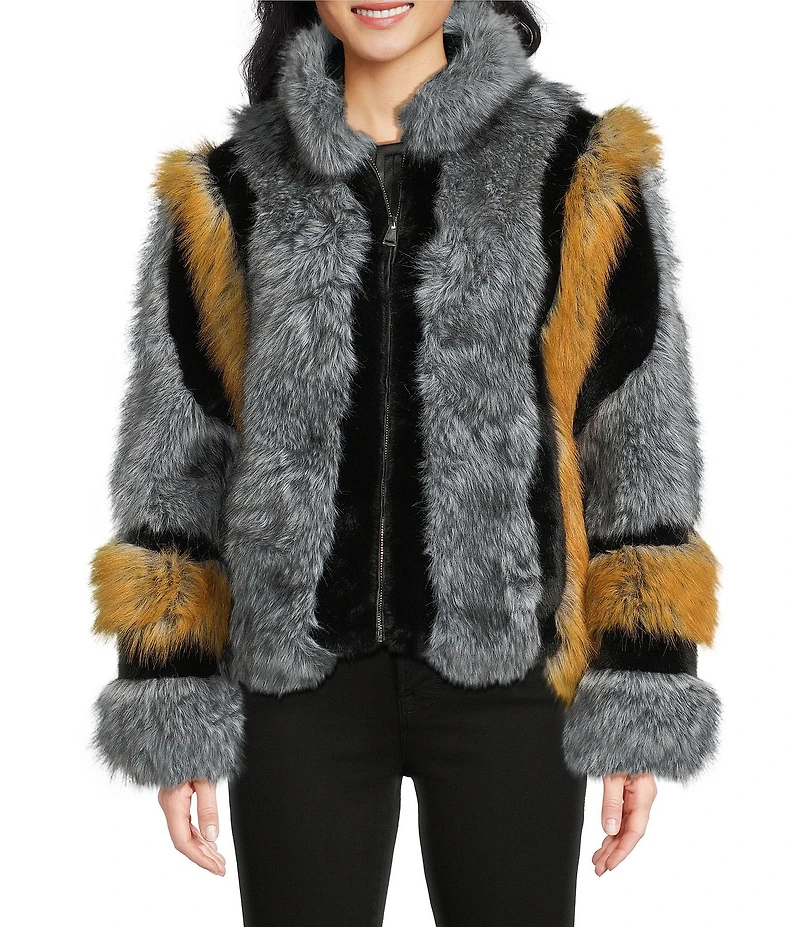 Azalea Wang Cora Grey Multi Faux Fur Stand Collar Zip Front Coat