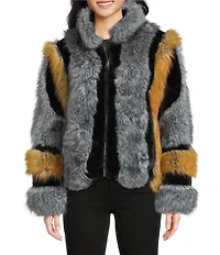 Azalea Wang Cora Grey Multi Faux Fur Stand Collar Zip Front Coat